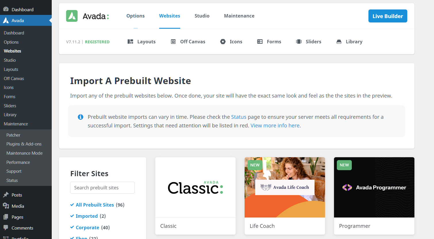 img of Avada website import screen in WordPress admin dashboard