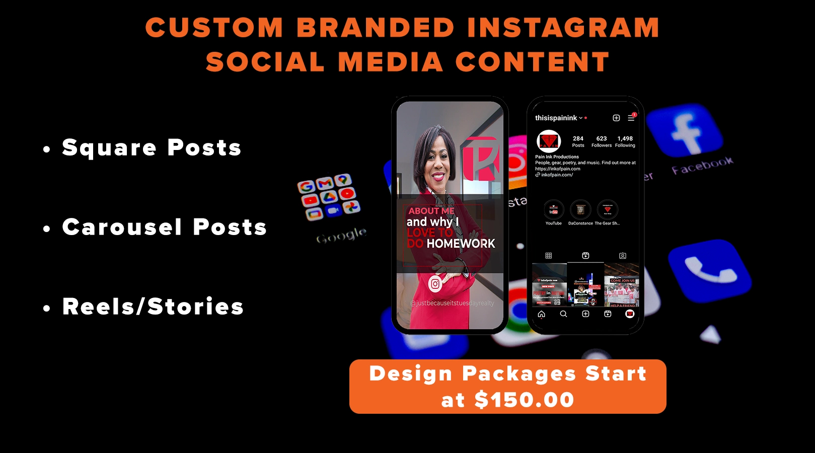 popup for Instagram design packages starting at $150